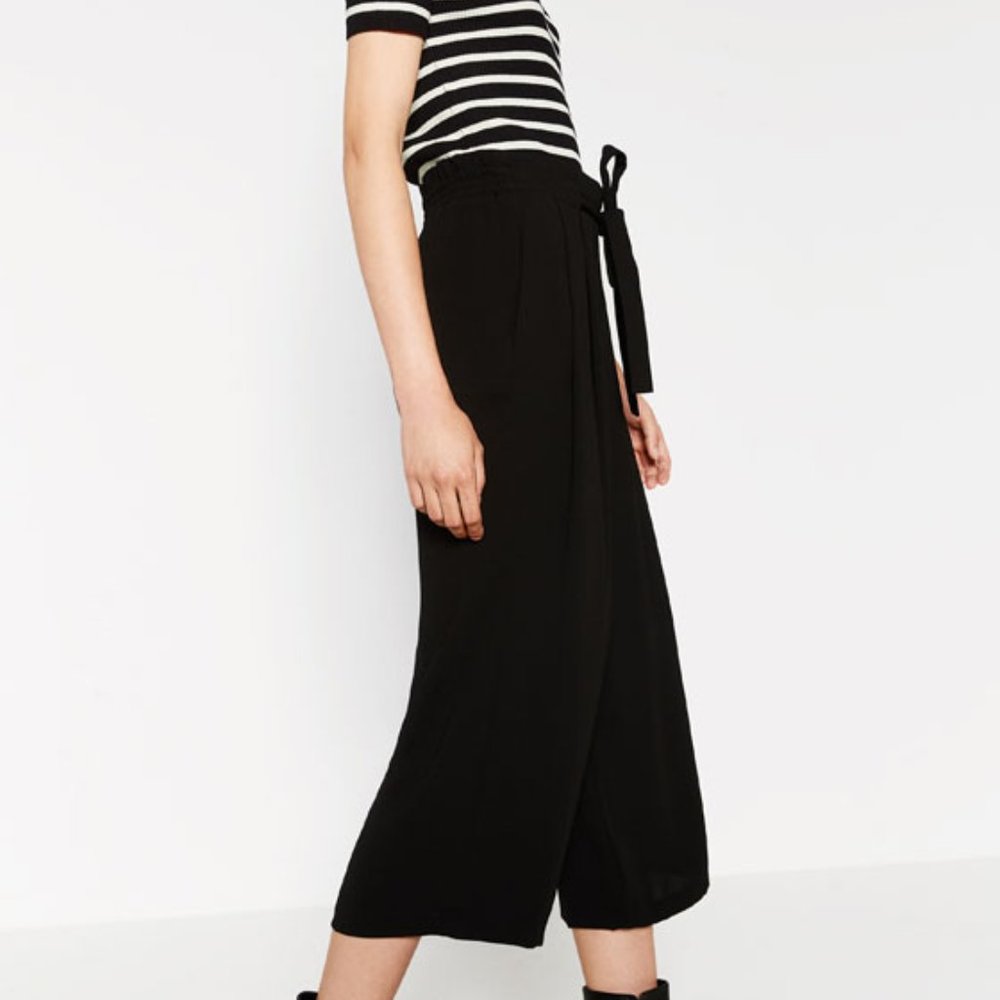 Zara Black STRAIGHT CUT CULOTTES Tie Waist Size XS